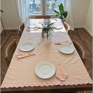 Vintage Dusty Pink Embroidered Scallop 59"x81" Tablecloth 10 Napkins Cottagecore